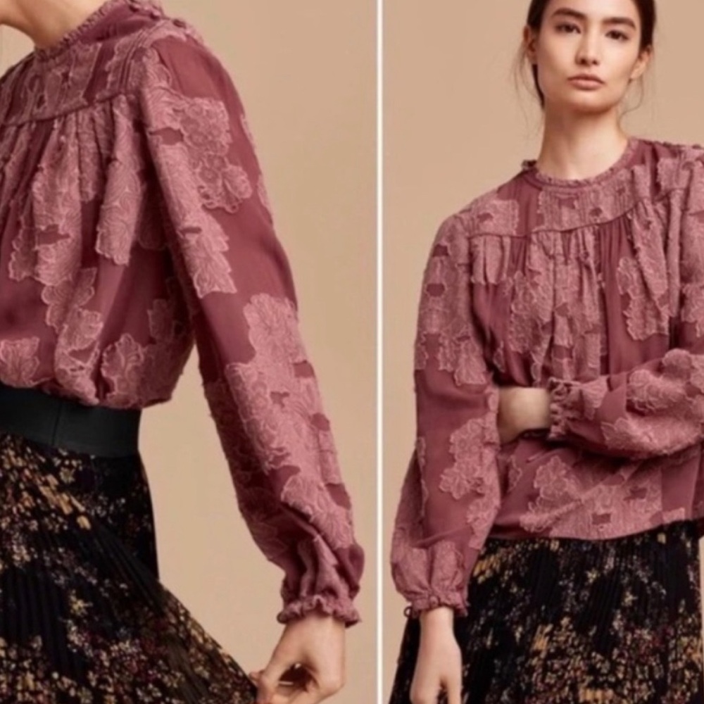 37 ARITZIA Wilfred Lourdes Mauve Boho Victorian Floral Appliqué Blouse Sz Large